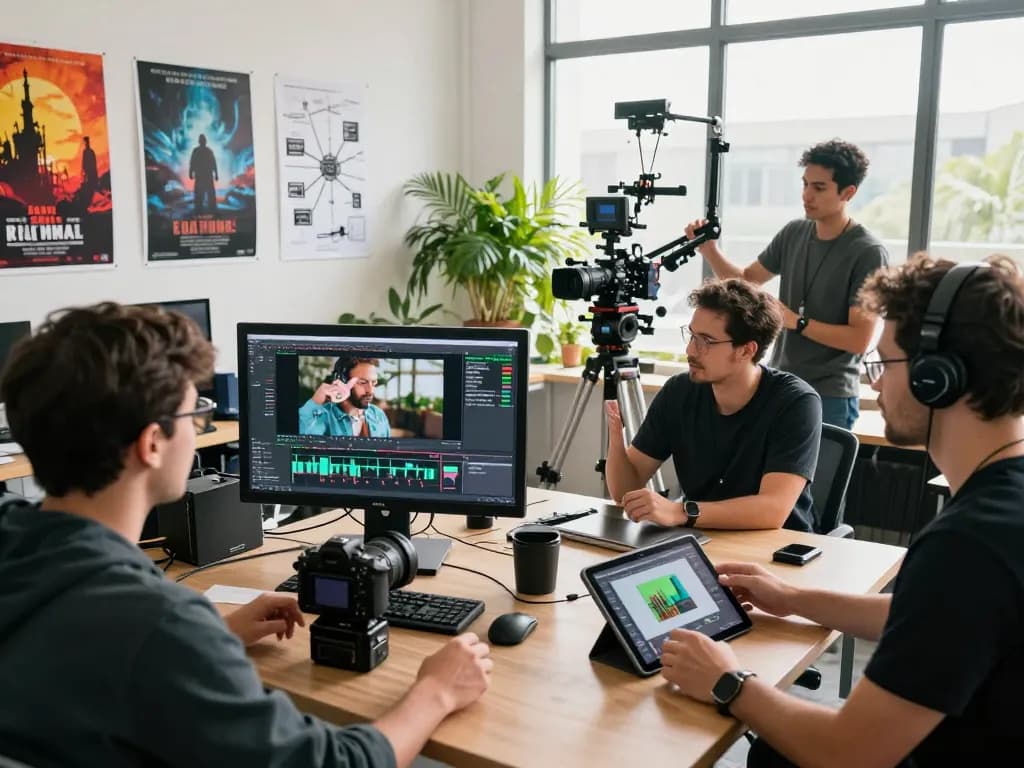 Creative team collaborating on motion control video production, showcasing dynamic workspace for innovative projects.