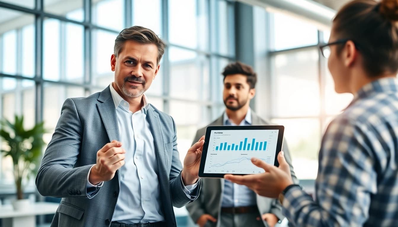 Headhunter Ingenieure beraten Ingenieure in einem modernen Büro mit digitaler Analyse.