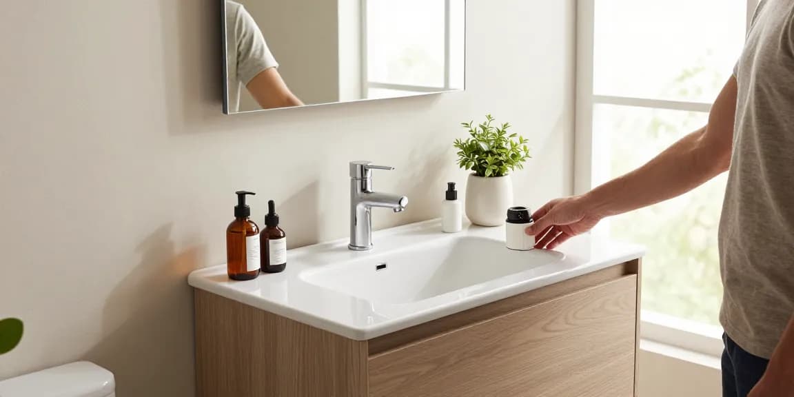 Stijlvol badkamermeubel 50cm met geïntegreerde wastafel en accessoires in een heldere badkameromgeving.