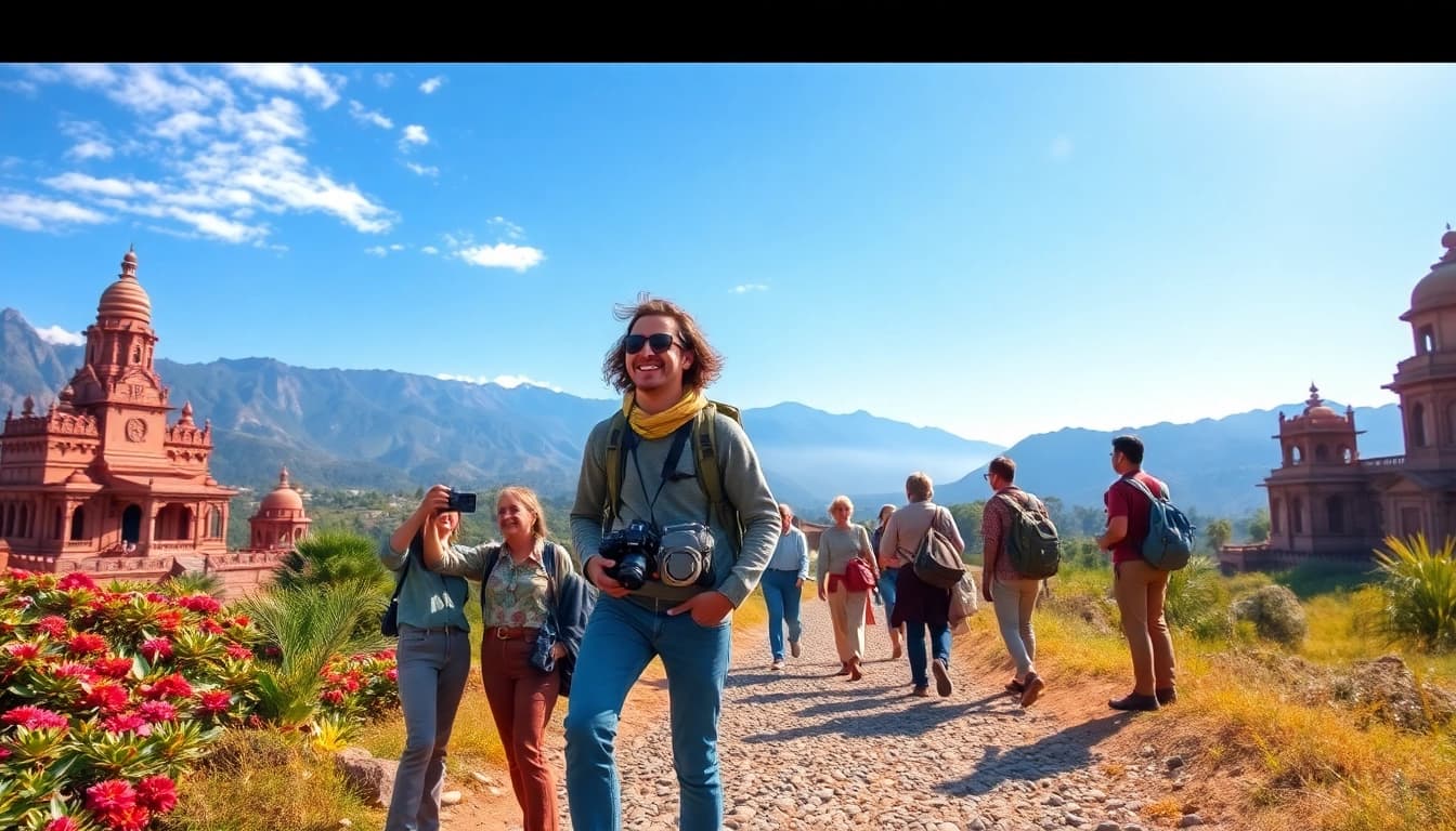 Fernreisen in einem exotischen Reiseführer voller bunter Flora und antiker Architektur.
