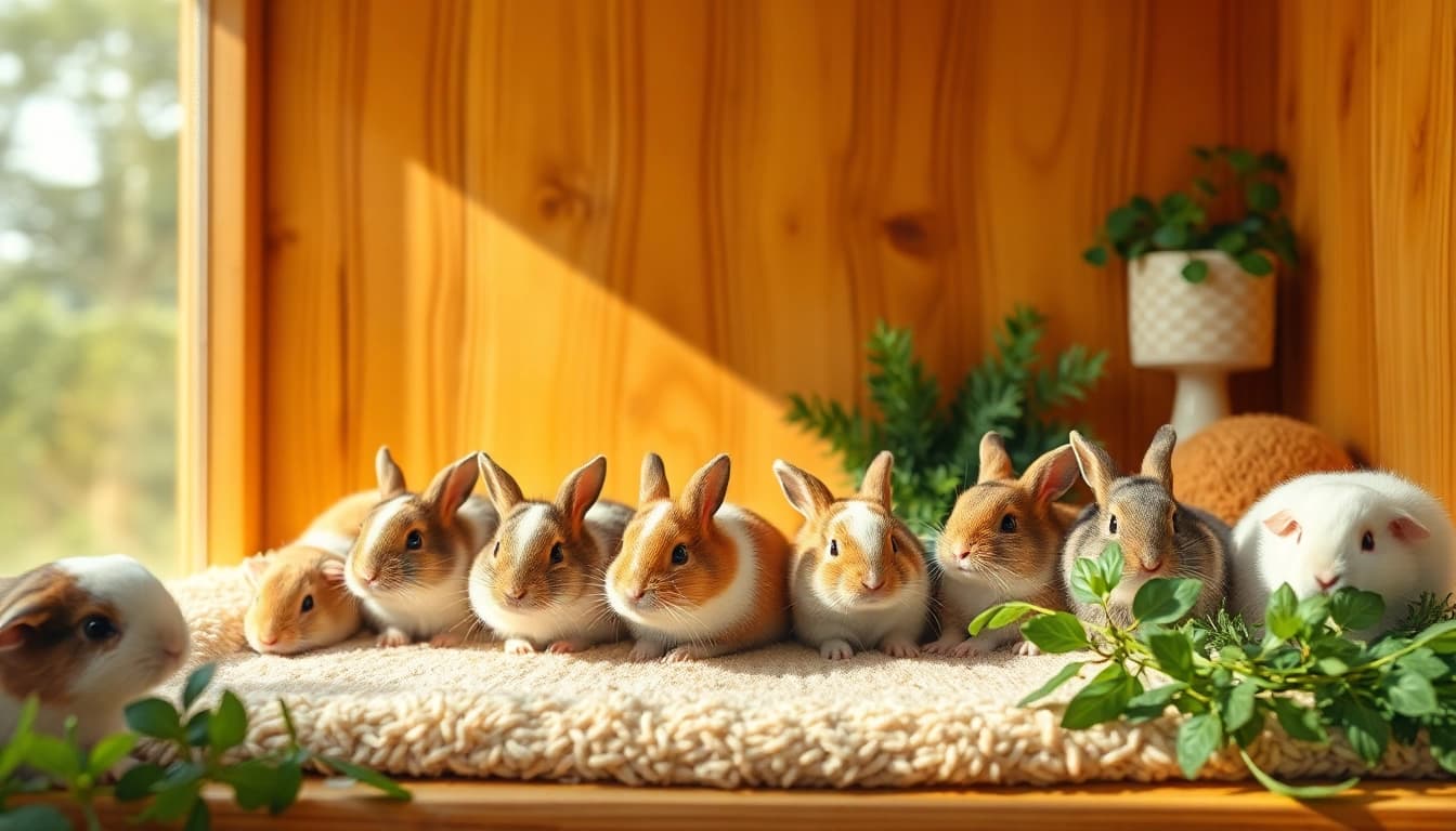 Kaninchen entspannen auf Hanfmatte in natürlicher Umgebung mit sanften Farben.