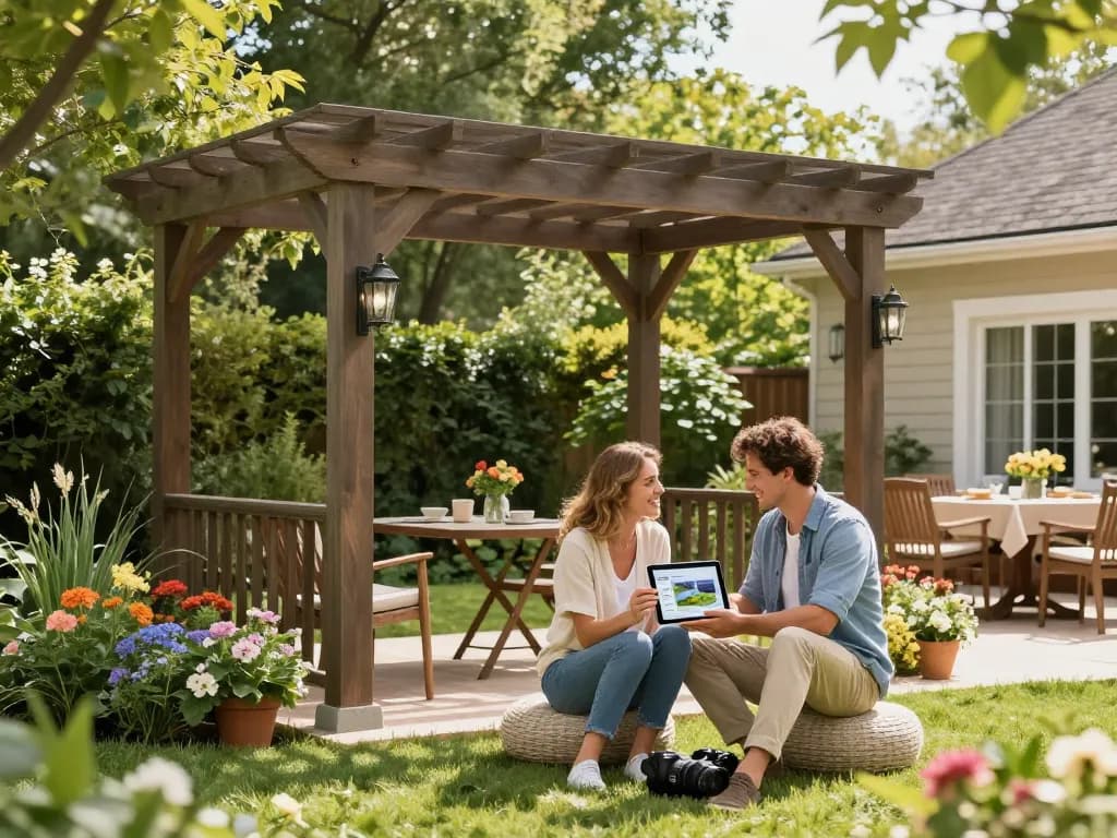 Pergola Konfigurator 3D in einer Gartenumgebung mit einem Paar, das ein Tablet verwendet, um ihr Pergoladesign anzupassen.