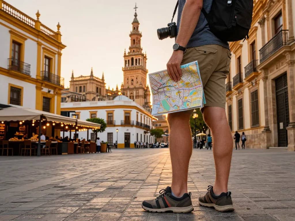 Reisetipps Sevilla: Reisender genießt die lebhaften Straßen von Sevilla und erkundet historische Architektur und Tapas-Bars.