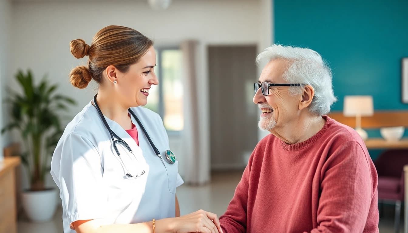 Interaktion einer Pflegefachkraft in Hameln mit einem älteren Patienten, die Empathie und Fürsorge zeigt.