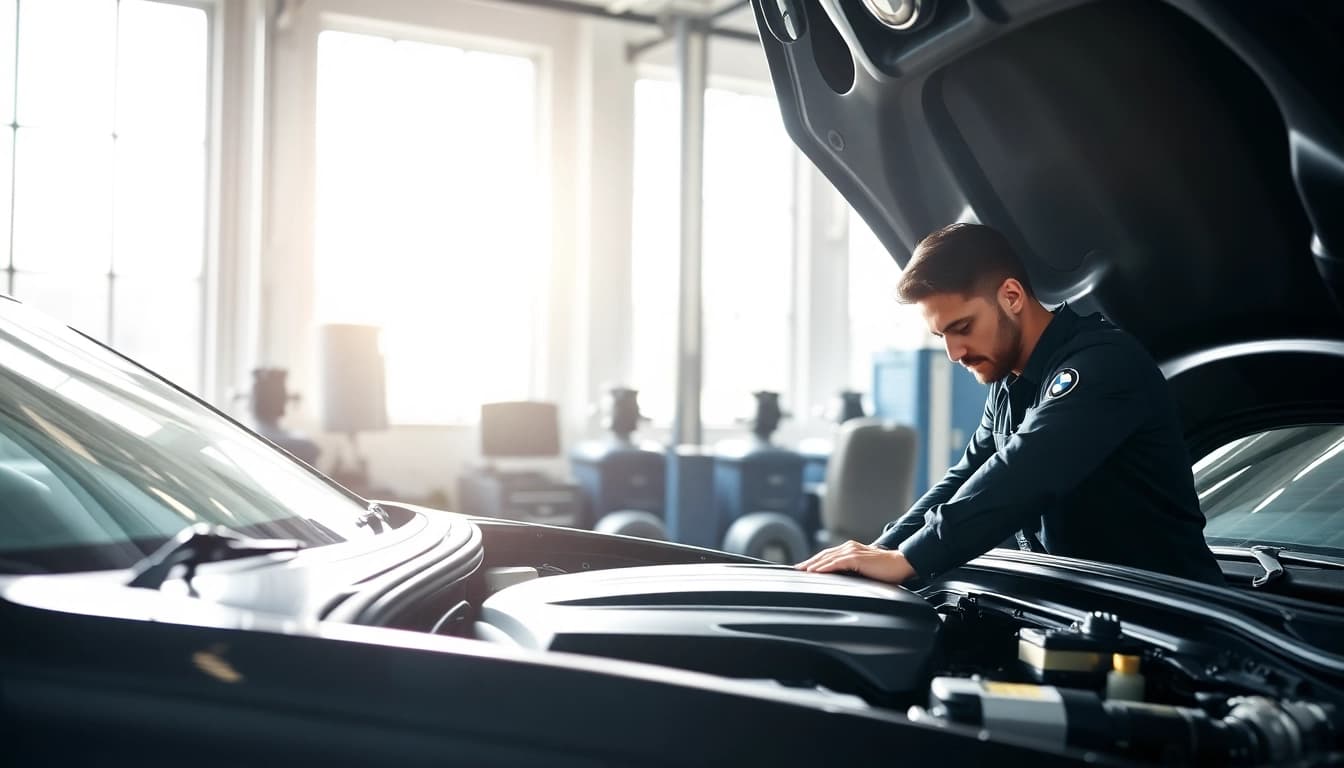 BMW Spezialist untersucht Motor eines Luxusfahrzeugs in einer modernen Werkstatt.
