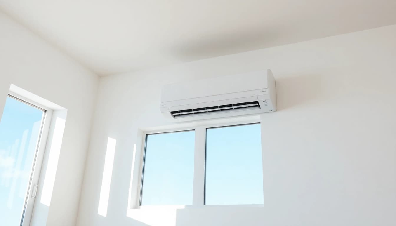 Klima installieren: Step-by-step process of installing a split air conditioning unit in a bright living room.