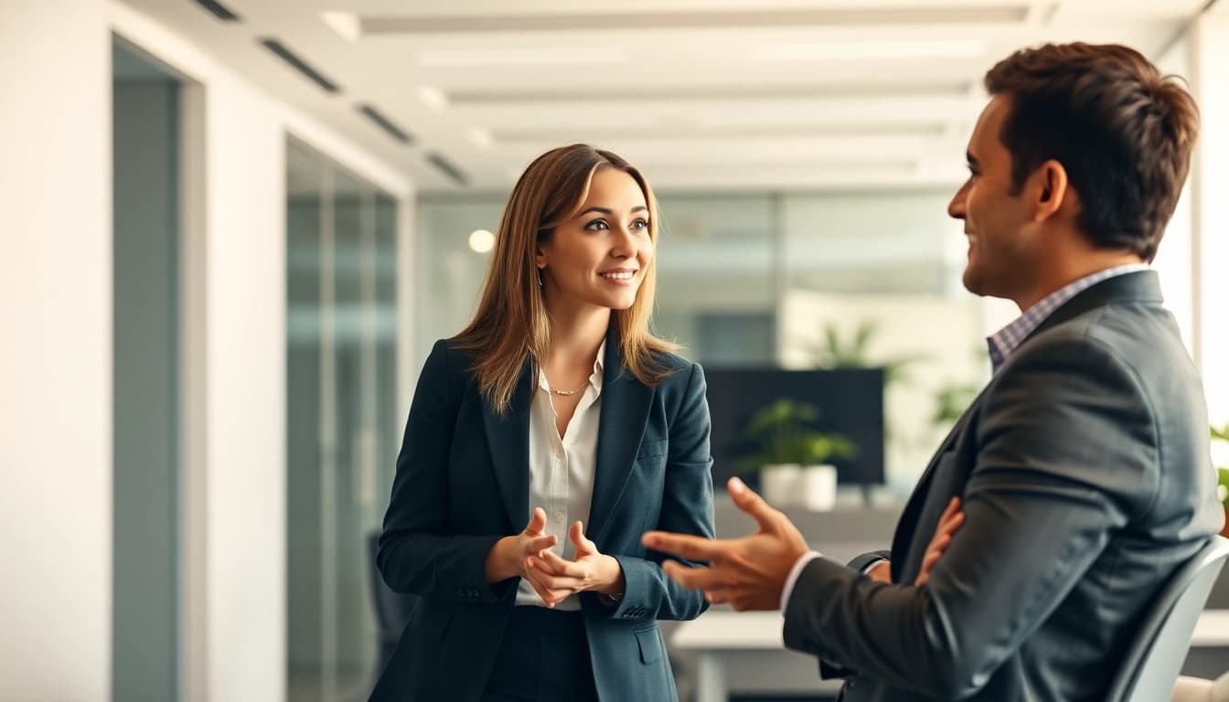 Headhunter discussing career opportunities with a candidate in a modern office.