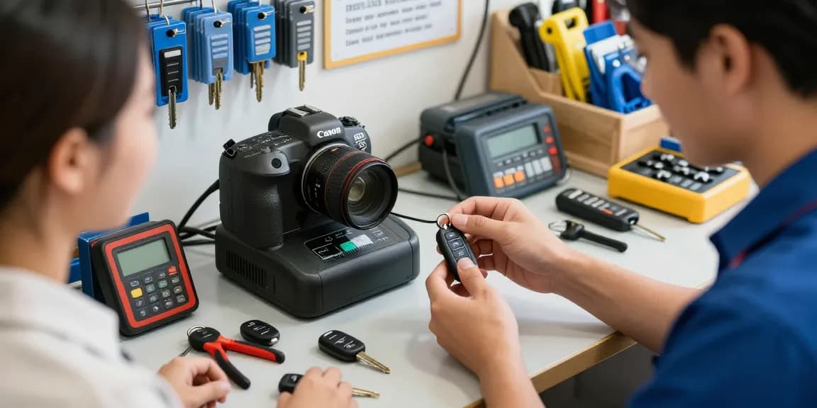 Autoschlüssel nachmachen bei einem professionellen Schlüsseldienst mit modernem Schlüsselkopierer im Einsatz.