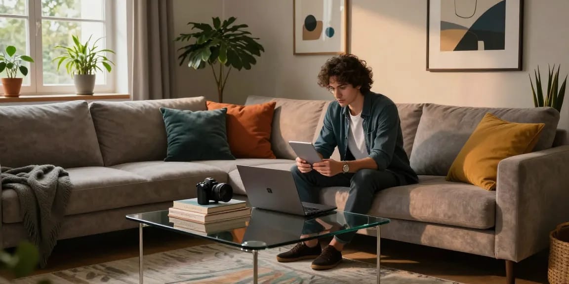 Stylische Person, die nach günstigen Möbeln online in einem gemütlichen Wohnzimmer sucht
