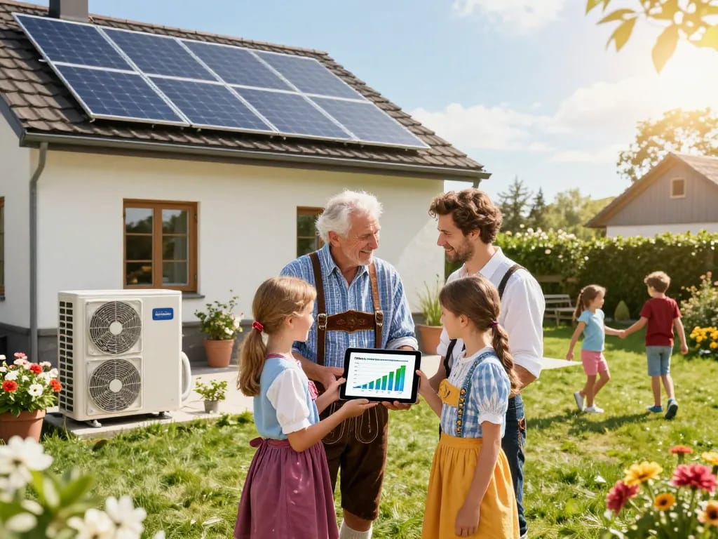 Familie in Bayern diskutiert Solarinstallationsmöglichkeiten in ihrem Garten und fördert Nachhaltigkeit.