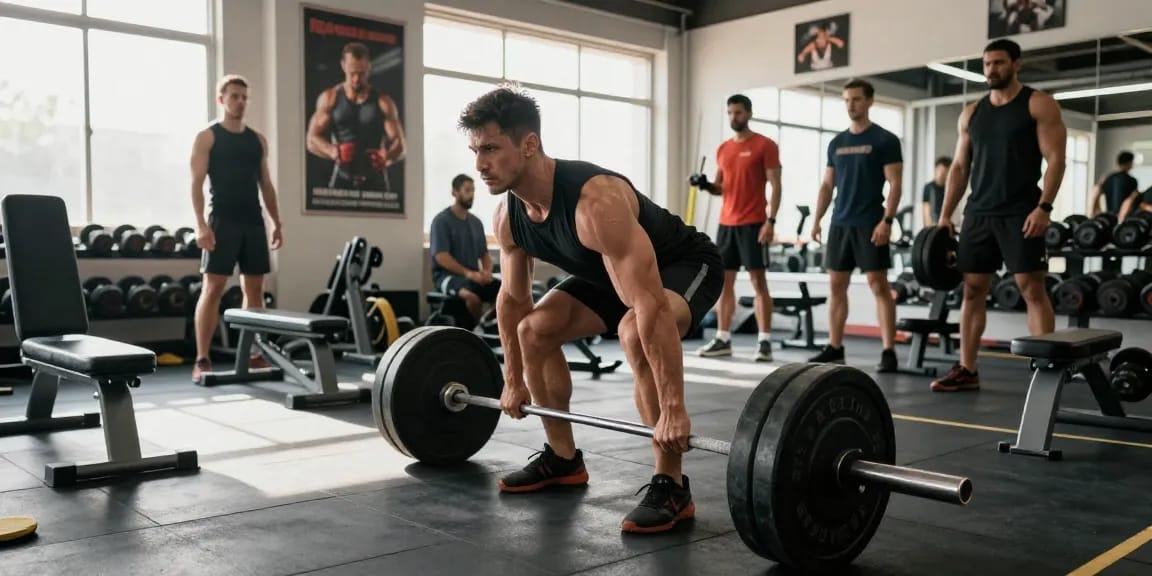 Bodybuilder hebt Gewichte im Fitnessstudio und zeigt das Engagement der Steroidshop-Kunden für hervorragenden Muskelwachstums.