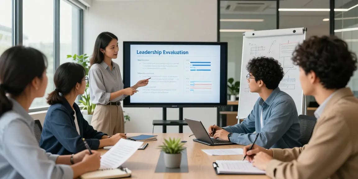 Chef bewerten anonym: Team diskutiert Führungsbewertung in modernem Büro mit digitalen Präsentationen und Notizen.