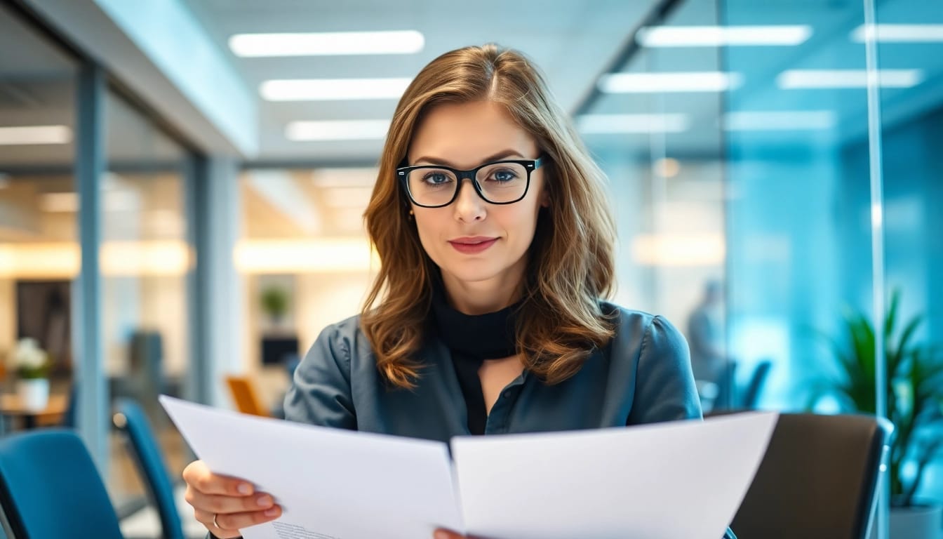 Externe Fachkraft für Arbeitssicherheit analysiert Sicherheitsdokumente in einem Büro.