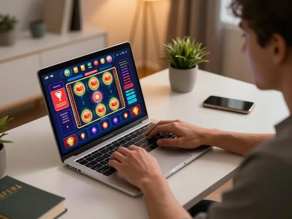 Engaging in Plagiat scannen online using a laptop, showcasing vibrant casino game interface in a cozy home setting.