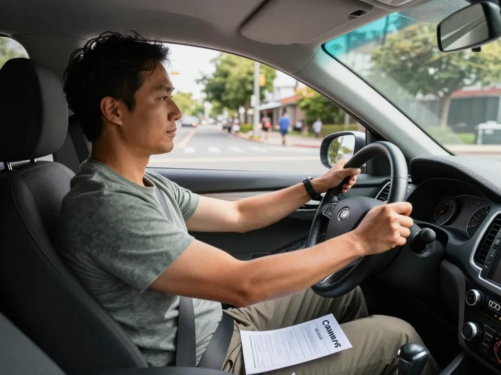 Cannabis-Patient Autofahren: Selbstbewusster Fahrer in einem Auto mit medizinischem Rezeptdokument, das Verantwortung auf der Straße zeigt.