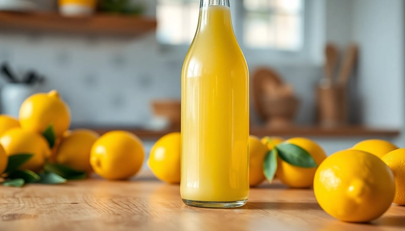 Die lemon bottle umgeben von frischen Zitronen auf einem Holztisch.