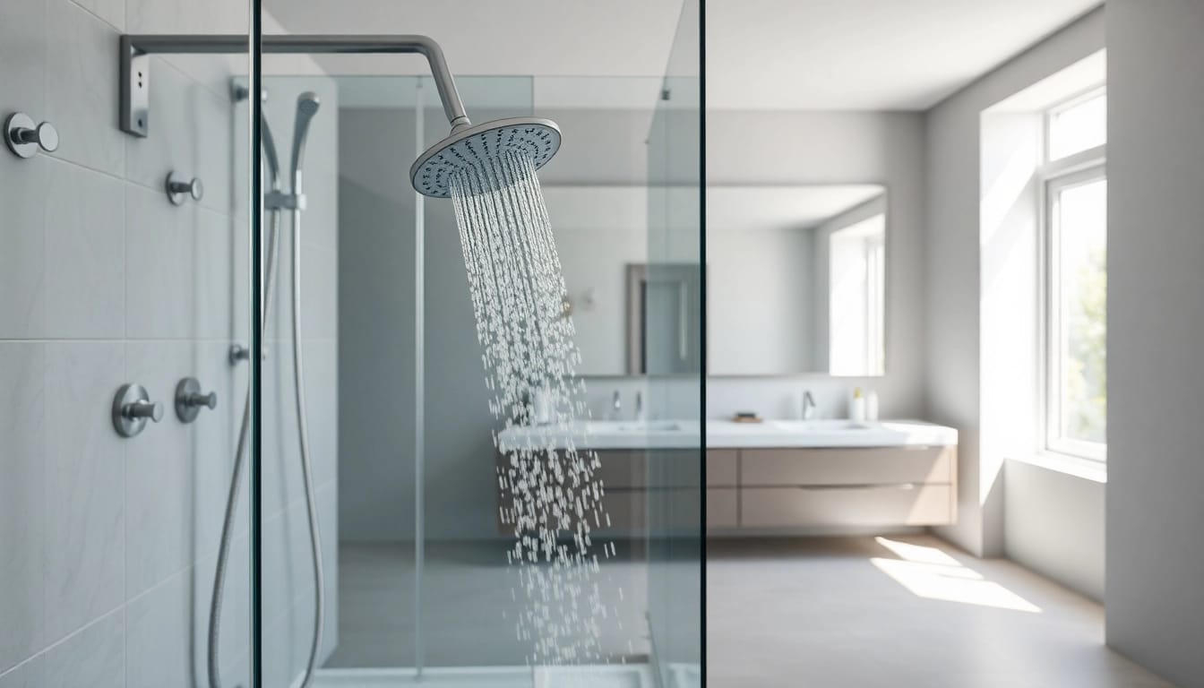 Duschkabine 80x80 in elegantem Badezimmer mit gläserner Wand und modernen Armaturen.