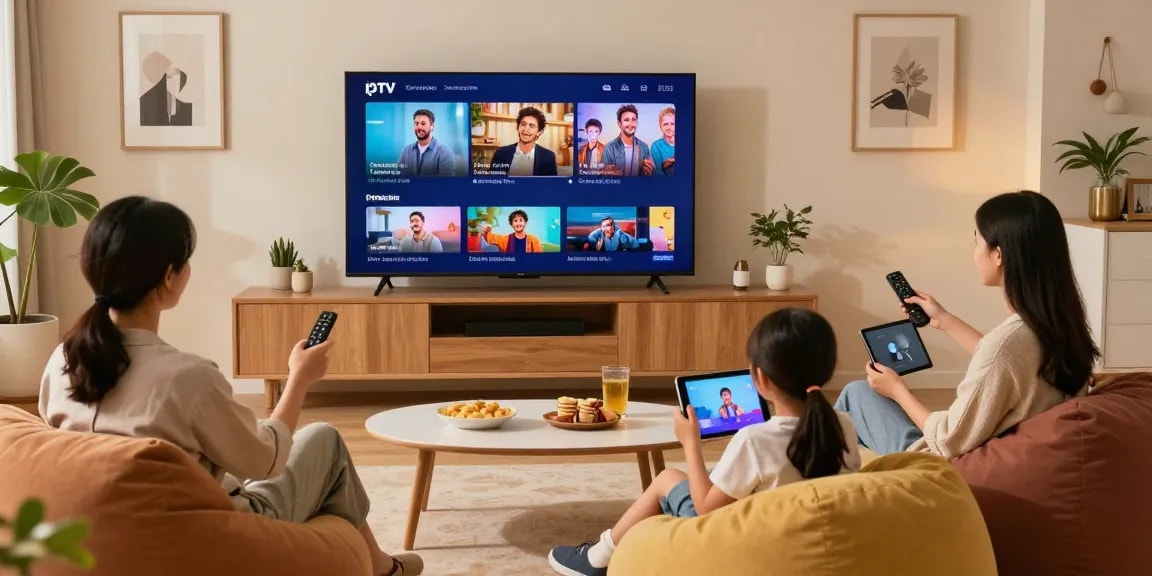 Familie genießt mit IPTV Smarters Streaming-Erlebnis im modernen Wohnzimmer.