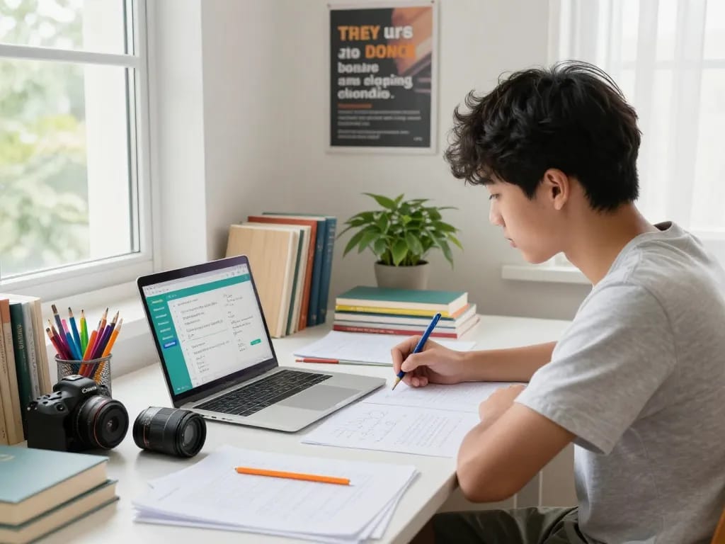 Student, der eine digitale App nutzt, um in einem hellen Arbeitszimmer Hausaufgaben zu lösen