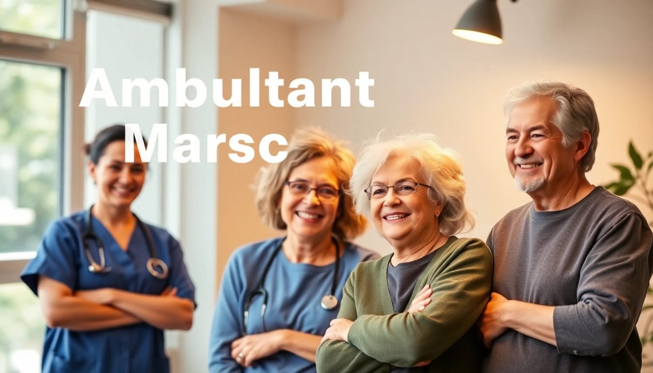 Einladende Werbung für einen Pflegedienst, die Senioren und Pflegekräfte in einem unterstützenden Umfeld darstellt - werbung pflegedienst.