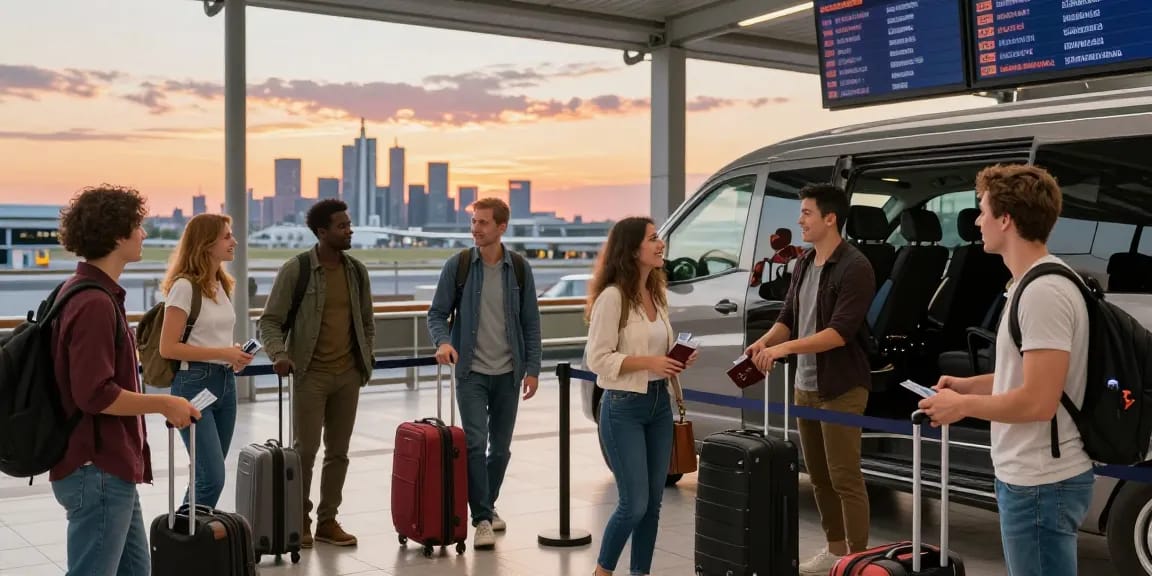 Transfer zum flughafen frankfurt scene with diverse travelers checking in for airport transfers at sunset.