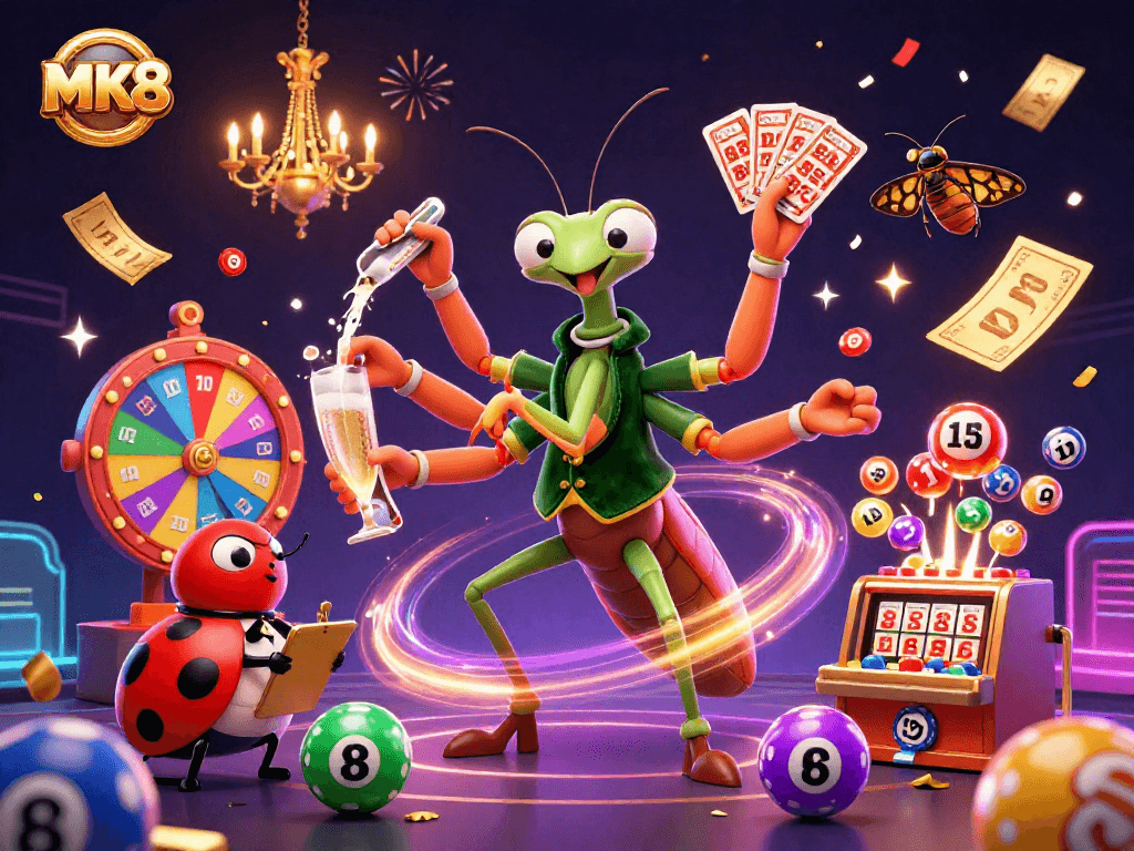 Experience thrilling wins at MK8, featuring a vibrant 3D casino scene with colorful lottery balls and festive celebration elements.