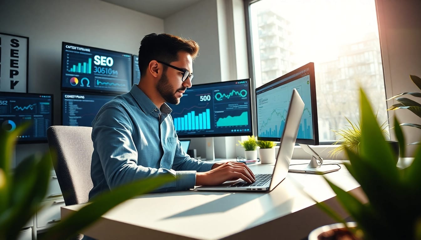 Erstellen Sie effektive SEO Tipps mit einem digitalen Marketingstrategen an einem modernen Schreibtisch.