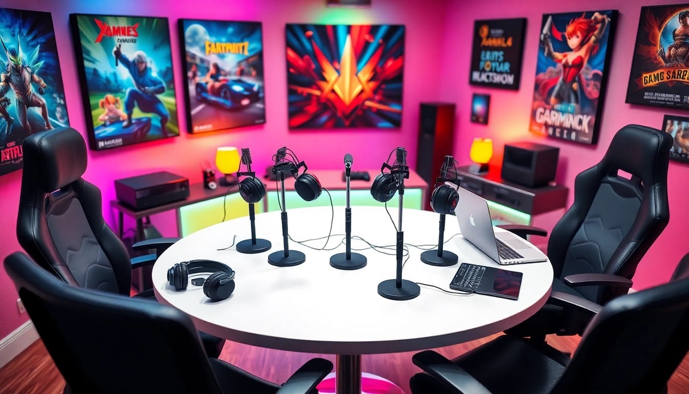 Gaming Podcast Aufnahme in einem modernen Studio mit Mikrofonen und Gaming-Zubehör.