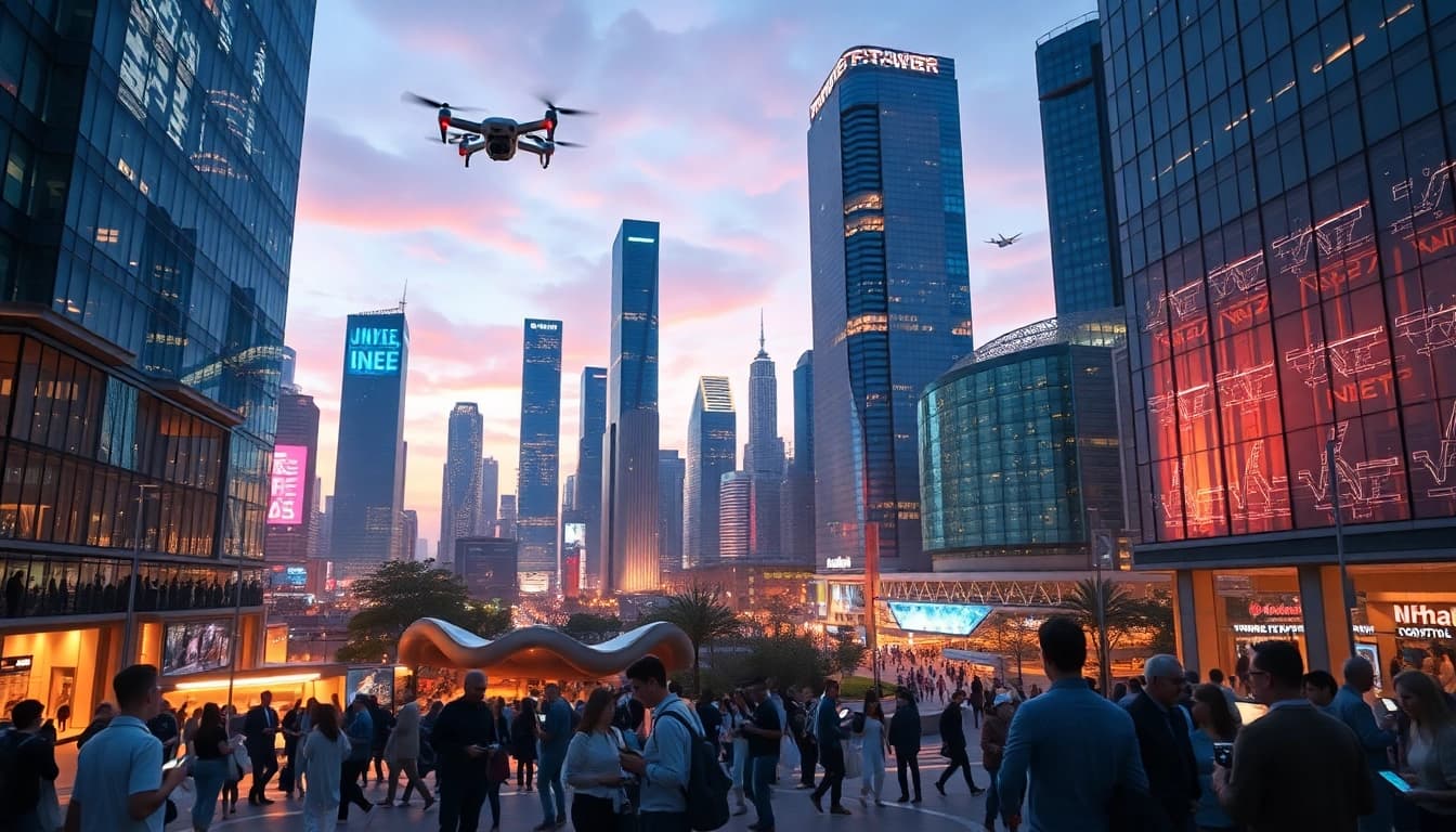 Technologie-Driven cityscape with advanced buildings and digital displays.