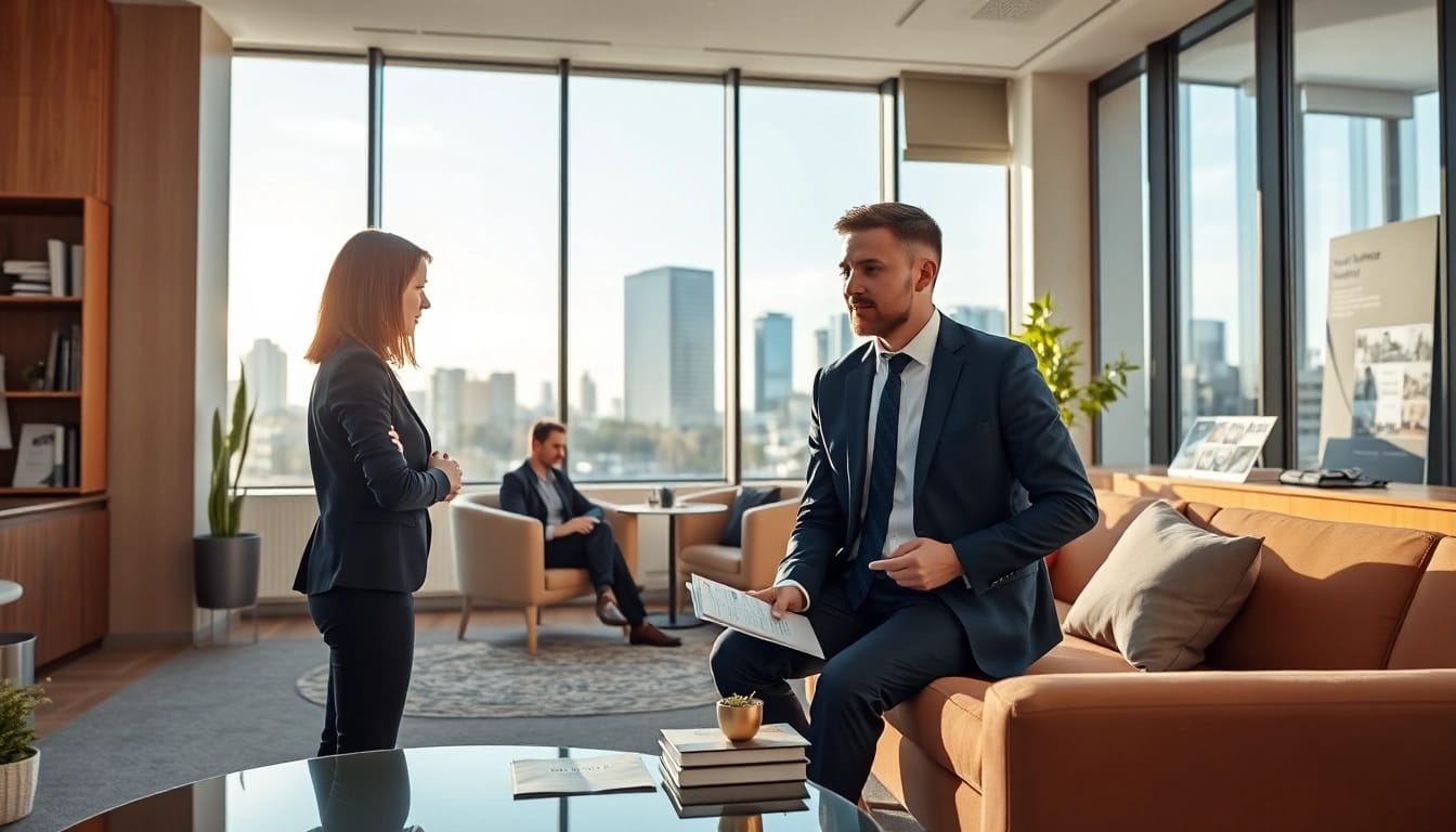 Immobilienmakler Frankfurt Sachsenhausen interagiert in einem modernen Büro mit Klienten.