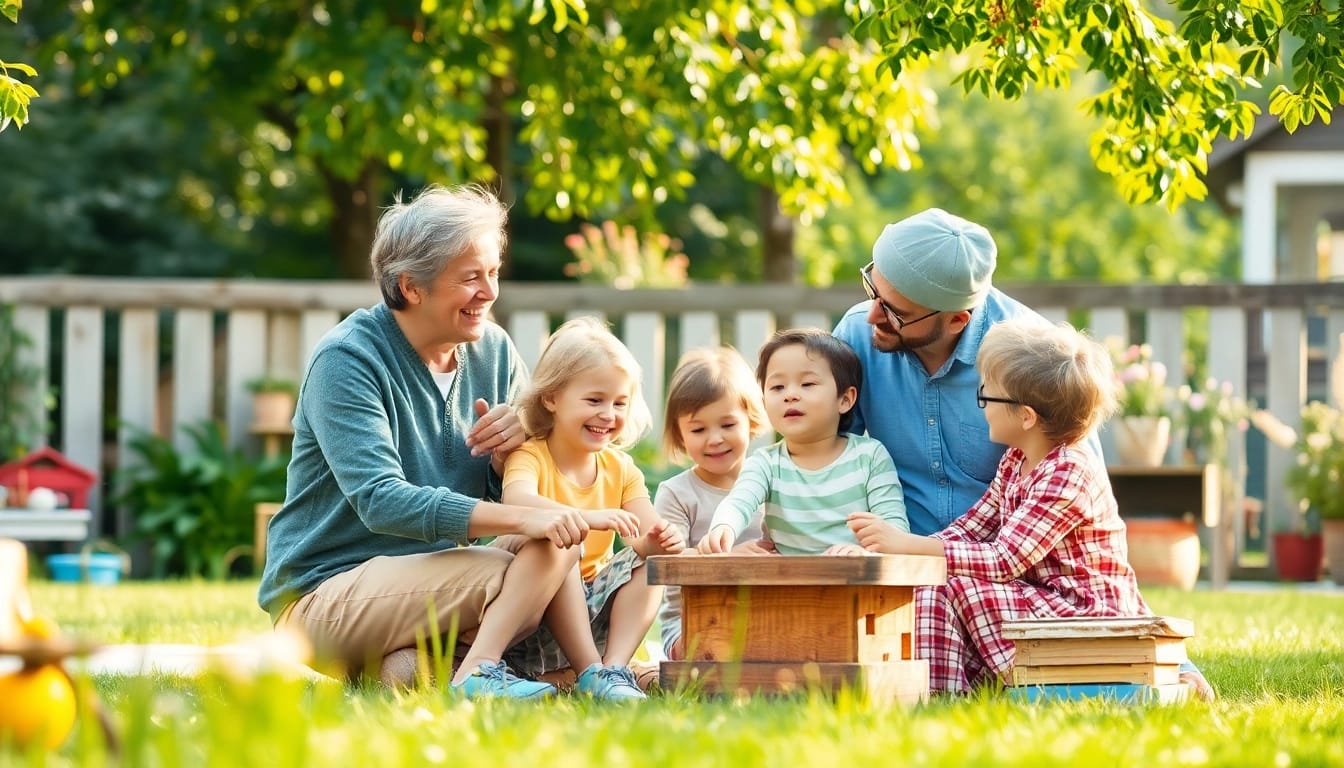 Kindererziehung von einer liebevollen Familie, die im Garten spielt und lacht.