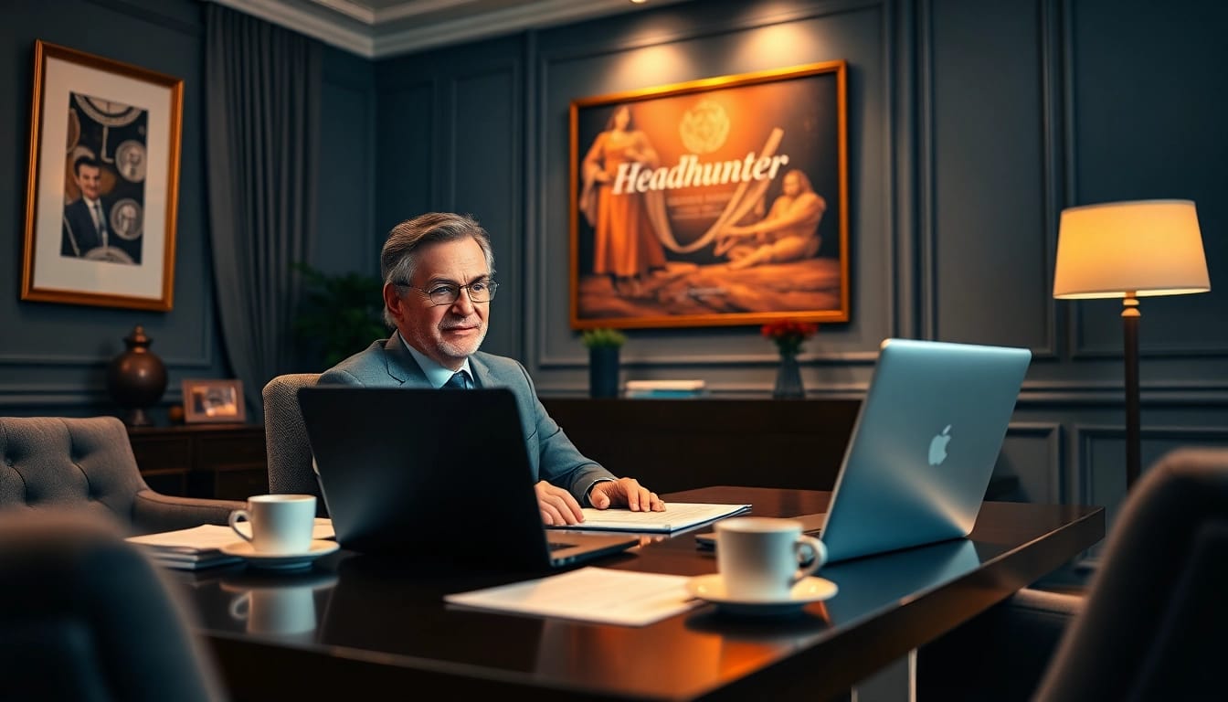 Professioneller Headhunter Hagen bei einem Videoanruf, umgeben von eleganter Büromöbel.