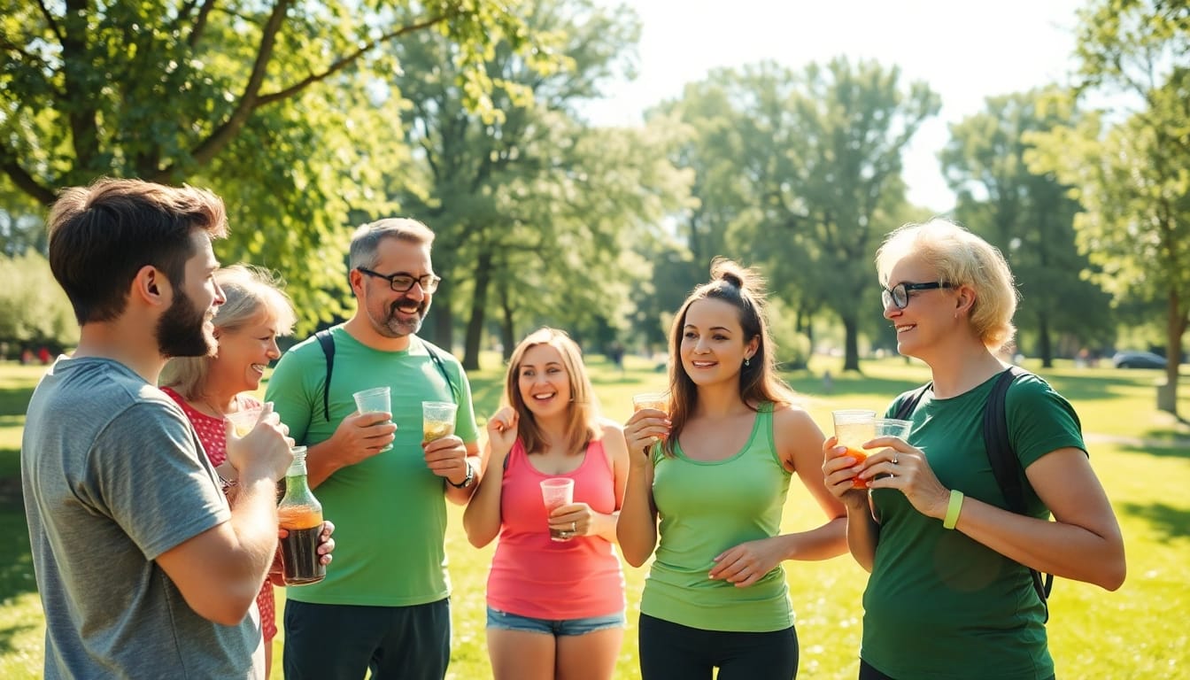 Gruppe von Menschen im Park, die durch gesunde Ernährung und Bewegung gemeinsam Gewichtsverlust anstreben.