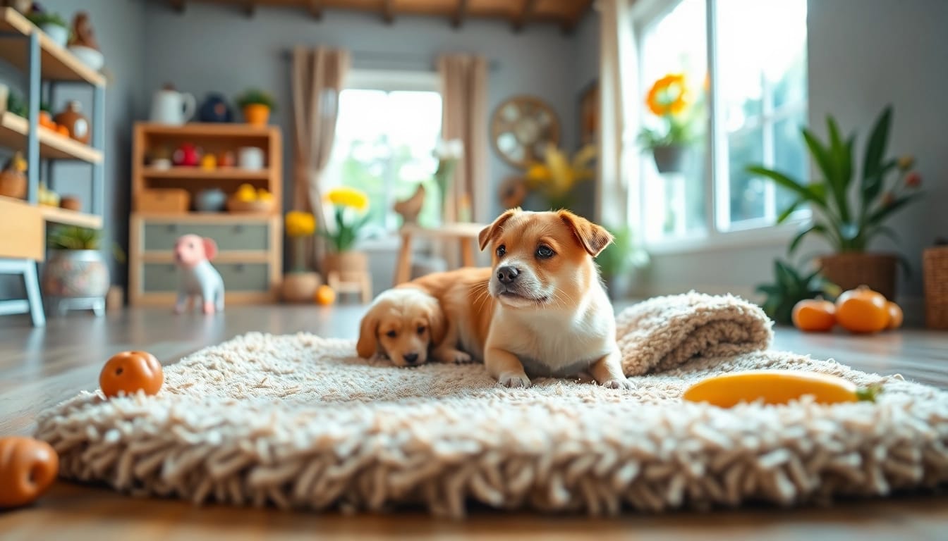 Hanfmatte in a cozy pet care environment with toys and fresh food.