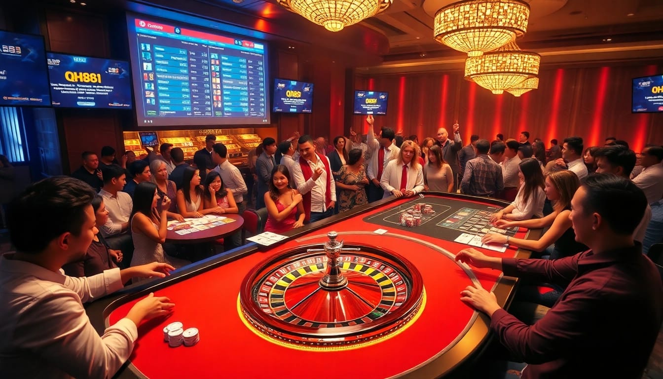 Experience the thrill of QH88 in a vibrant online casino scene with excited players at gaming tables.
