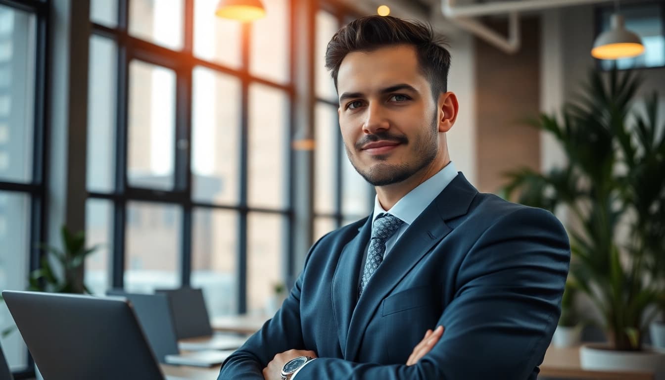 Professioneller Businessfotograf München fängt ein modernes Büro mit einem selbstbewussten Geschäftsinhaber ein.