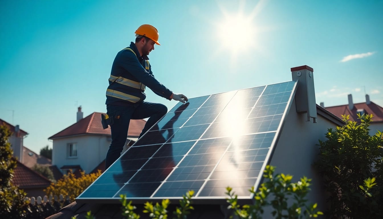 Photovoltaikanlage Kaufen Wien: Installing solar panels on a sunny rooftop in Vienna.