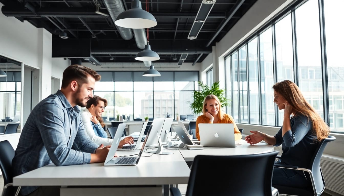 Linkedin Agentur Team arbeitet in einem modernen Büro, um effiziente Marketingstrategien zu entwickeln.