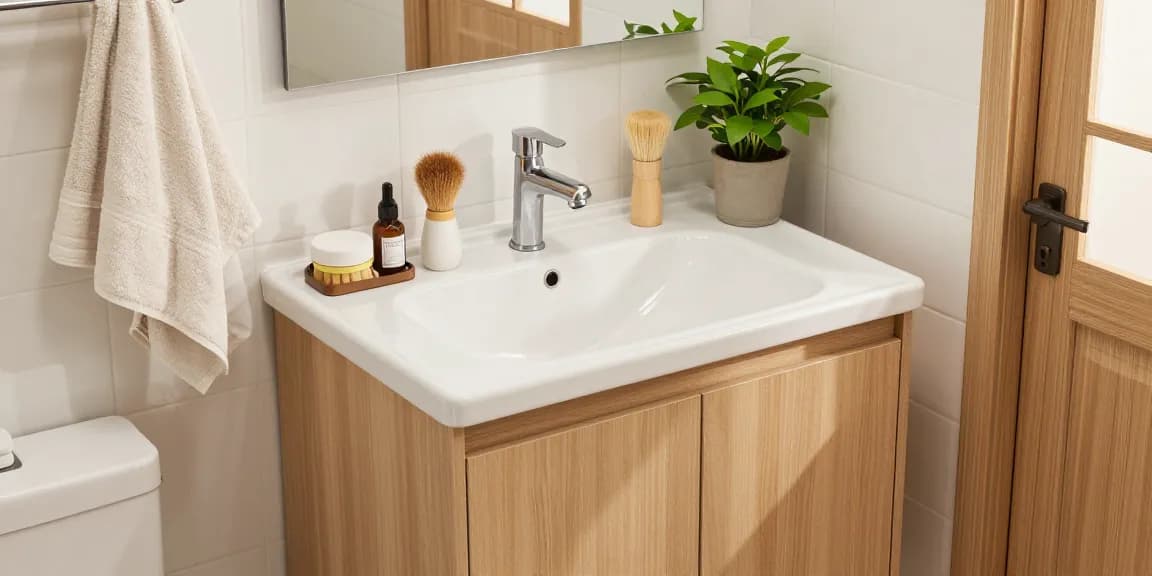 Stijlvol 50cm badkamermeubel in een moderne badkamer met elegante accessoires.