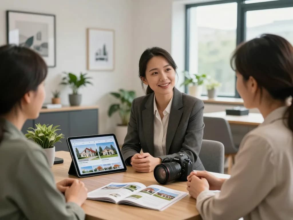 Anregende Diskussion mit einem Immobilienmakler, der die Dienstleistungen von Immobilienmakler Frankfurt Riedberg in einem modernen Büro präsentiert.