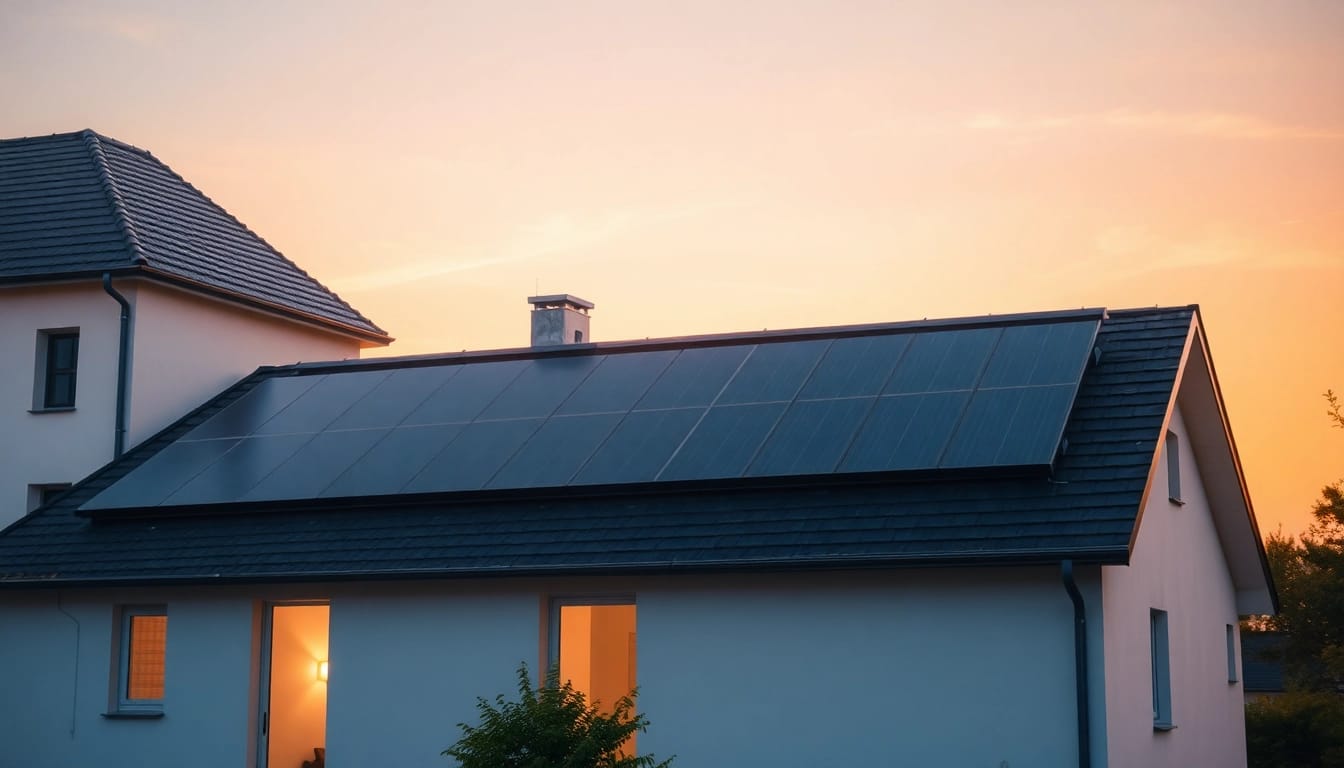 Kaufen Sie PV Module für Dach installiert auf einem modernen Wohnhaus.