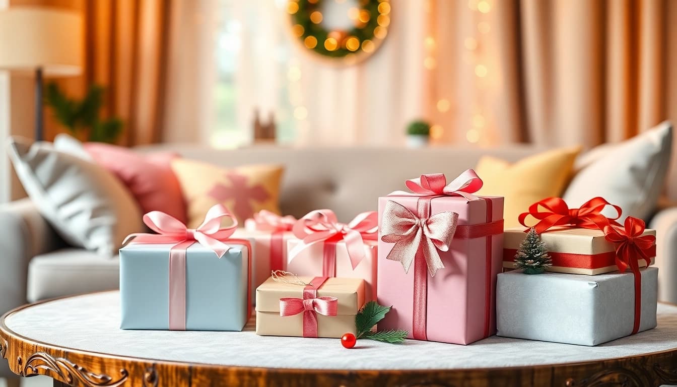 Gestaltung von Geschenk-Inspiration mit stilvollen, sorgfältig verpackten Geschenken auf einem eleganten Tisch.