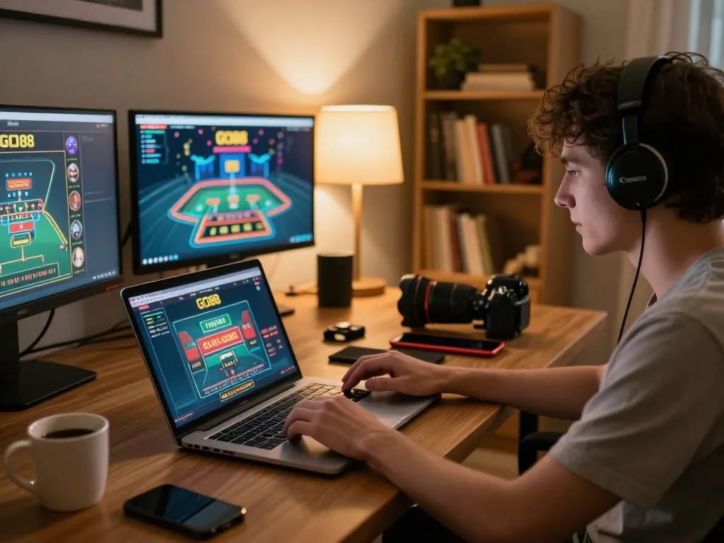 Player enjoying GO88 online casino game at home, engaged in strategic betting action with focused concentration