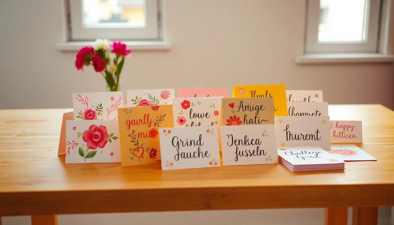 Schöne Grusskarten stilvoll arrangiert auf einem Holztisch, leuchtende Farben und kreative Designs.