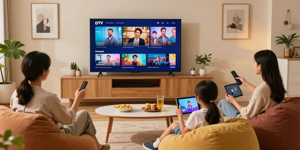 Familie genießt mit IPTV Smarters Streaming-Erlebnis im modernen Wohnzimmer.