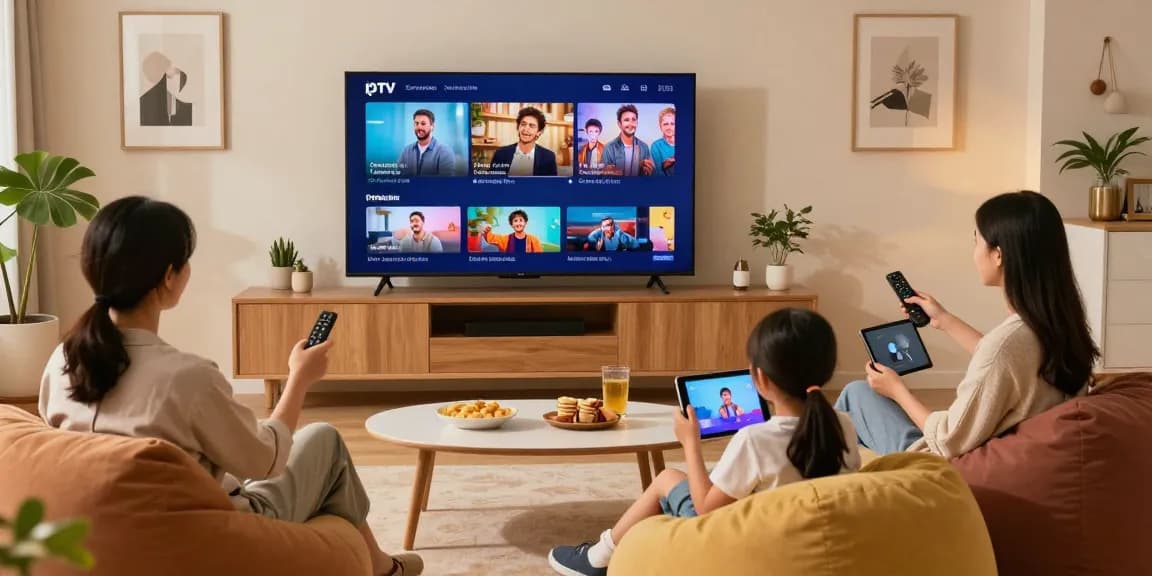 Familie genießt mit IPTV Smarters Streaming-Erlebnis im modernen Wohnzimmer.
