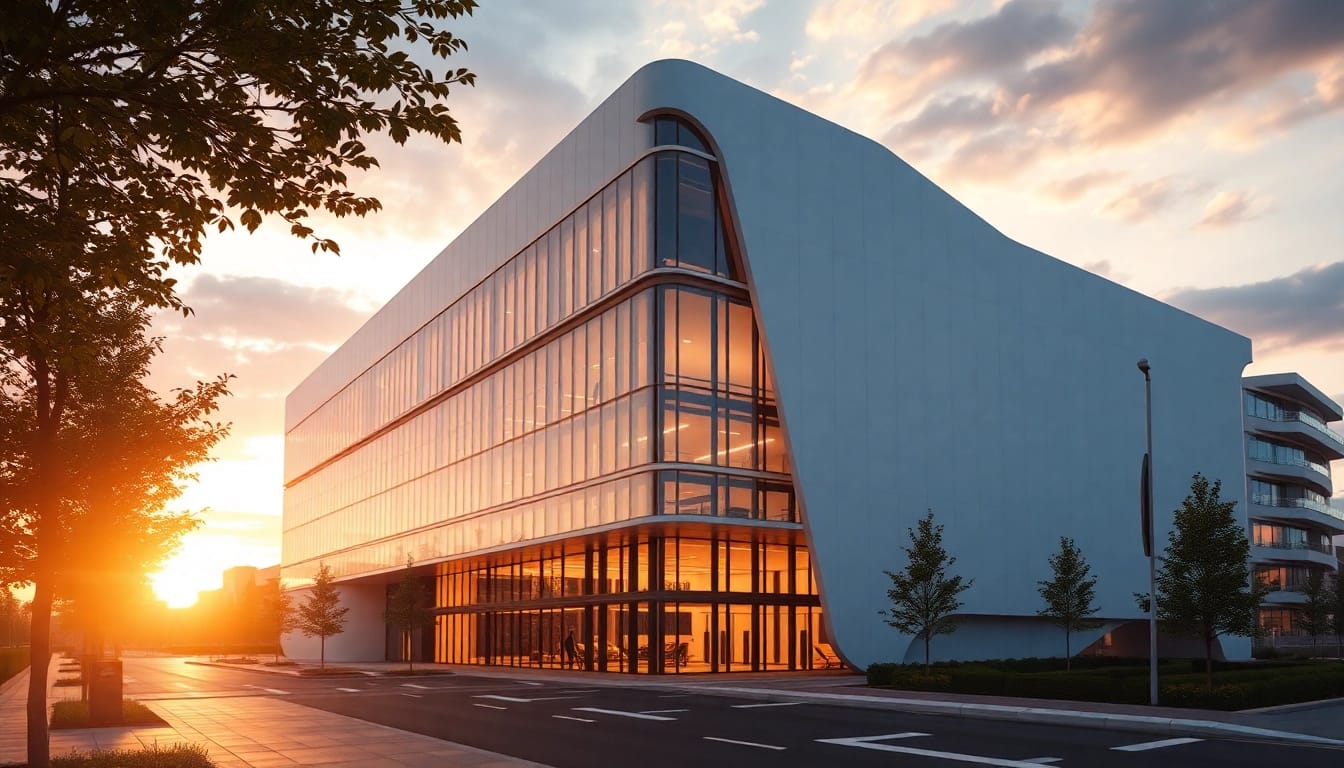 Architekturvisualisierung eines futuristischen Gebäudes, das in warmen Lichttönen erstrahlt und urbanes Leben darstellt.