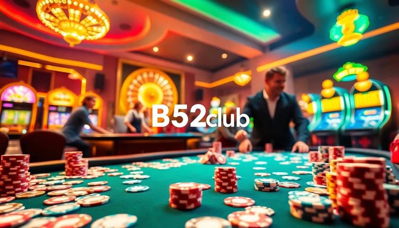 Excited gamblers at B52club engaging in poker action with vibrant casino elements.