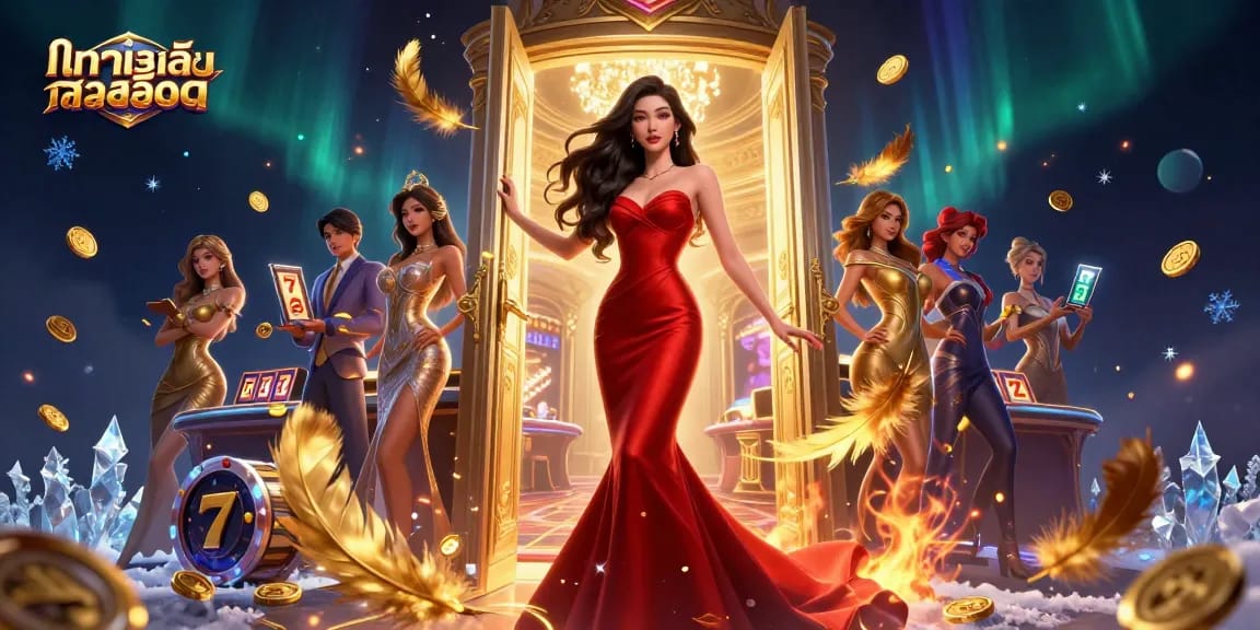 Experience ทดลองเล่นสล็อต with a stunning 3D illustration of a casino scene featuring a beautiful Asian woman amidst dynamic slot gaming elements.
