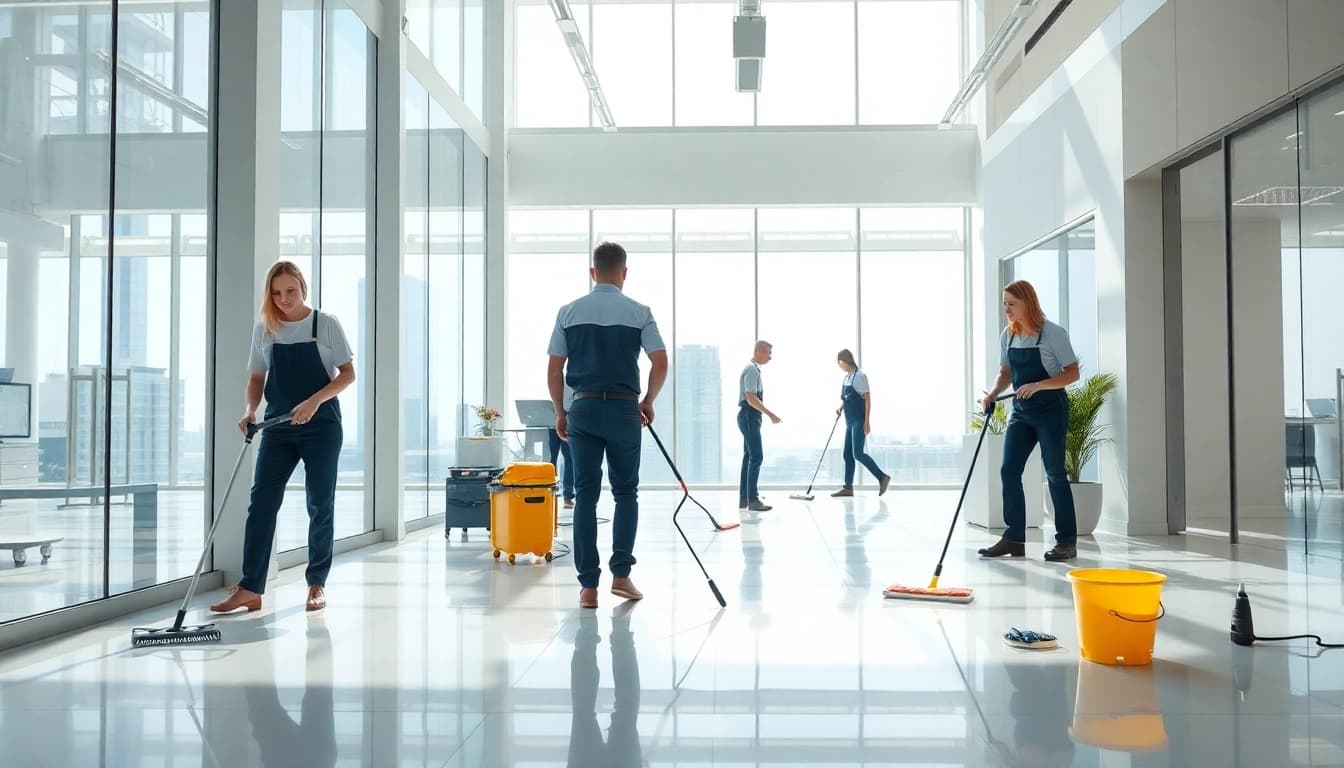 Gebäudereinigung Ulm: Professionelles Reinigungsteam bei der Arbeit in modernen Büroflächen.